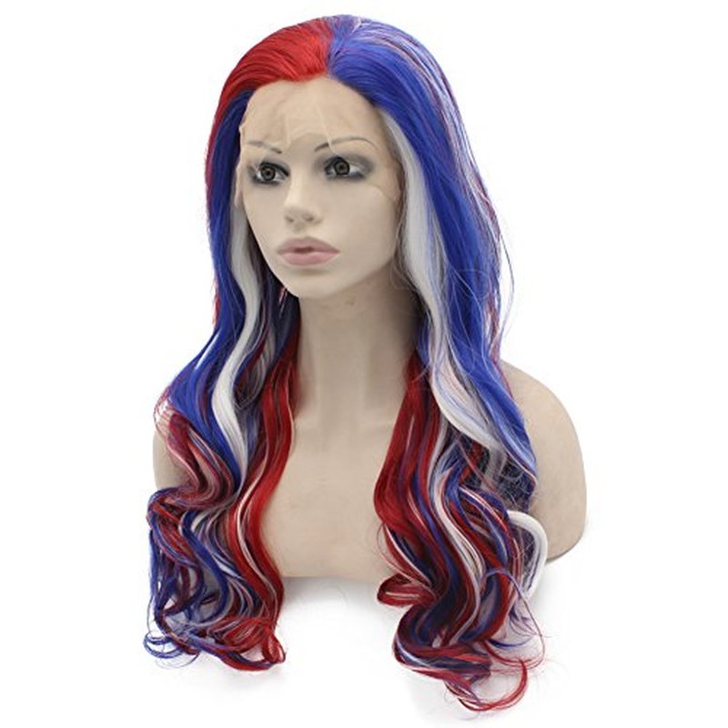 MX angel Long Wavy Swiss Lace Front Blue Red White Mix Colorful Cosplay Party Wig