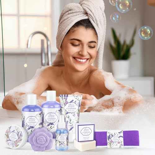 Lavender & Jasmine Scented Spa Gift Set for Women, Includes Body Lotion, Shower Gel, Salts, Bubble Bath, Body Mist, Soap, Bath Bombs
