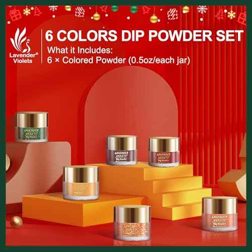 Lavender Violets Dip Powder Nail Kit, Large Capacity Set - 6 Colors Yellow Pumpkin Orange Red Green Dipping Powder for Halloween Christmas Nail Art Manicure J222