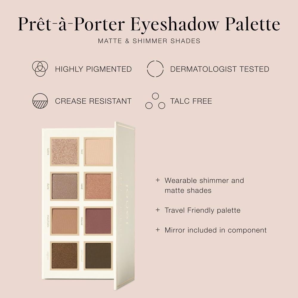 Jouer Prêt-à-Porter Eyeshadow Palette - 8 Matte & Shimmer Shades, Travel-Friendly with Mirror, Talc-Free Vegan Formula, 0.57oz