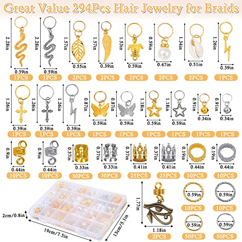 294Pcs Hair Jewelry for Braids Loc Jewelry for Hair Dreadlocks, Braid Accessories for Women Men, Gold Braid Accessories with Cuffs Charms Pendants