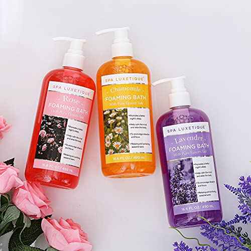 Spa Luxetique Bubble Bath, Foaming Bath with Epsom Salt, Chamomile Rose and Lavender Scent Bathing Set, 3 Pack 49.8 fl oz Christmas Gifts Set for Women and Men