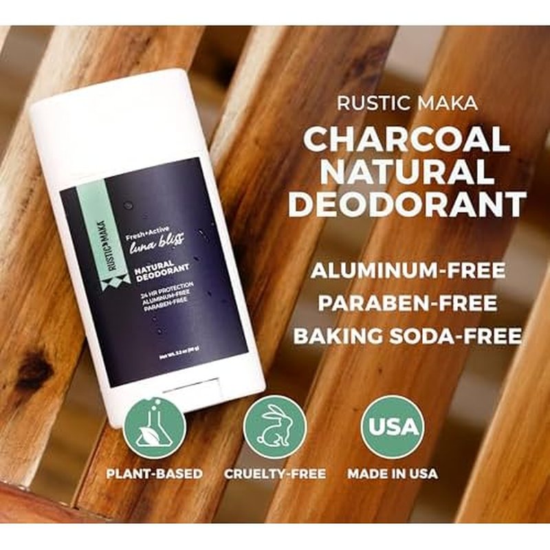 Rustic MAKA Natural Deodorant, Luna Bliss, Aluminum Free, Paraben Free, Baking Soda Free, Deodorant for Women, Activated Charcoal + Magnesium, Cruelty-Free, 3-Pack