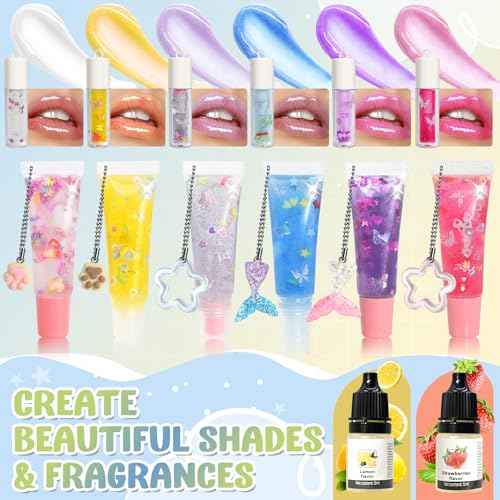 Make Your Own Lip Gloss Kit, JCOOS Lip Gloss Making Kit, 94PCS Fun Keychain DIY Lipgloss Sets for Girls, Flavored Moisturizing Glitter Lip Kit, Kids Lip Gloss, Tween Girls Trendy Stuff Christmas Gifts