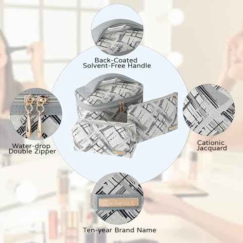 Richeart 3PC Makeup Bag Set, Cationic Jacquard Large Cosmetic Organizer, Back-Coated Solvent-Free Travel Toiletry Bag for Women - Gray