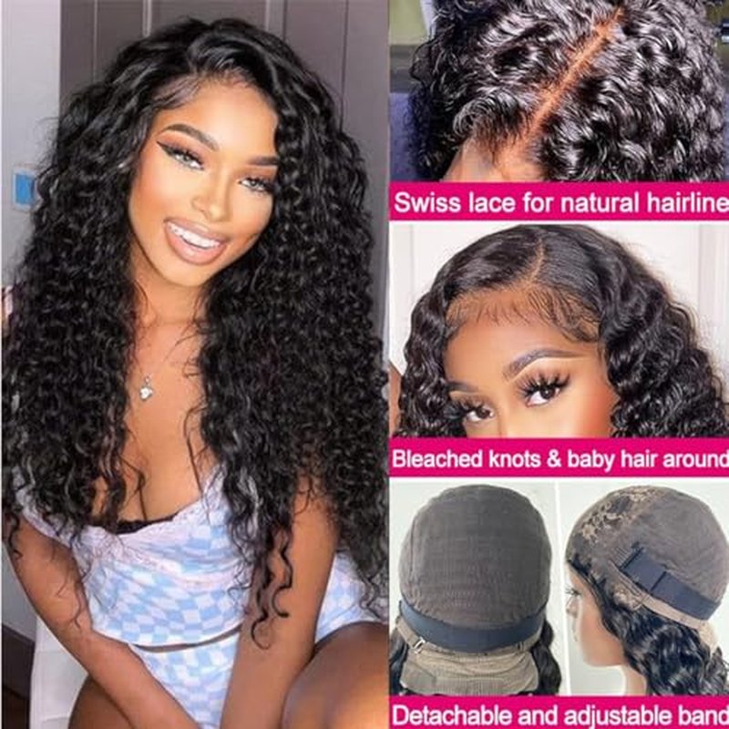 Josblue 4x4 Deep Wave Lace Front Wigs Human Hair Wigs,Wet and Wavy Lace Frontal Wig 180% Density HD Transparent Lace 100% Unprocessed Virgin Human Hair for Black Women Natural Color (22 Inch)