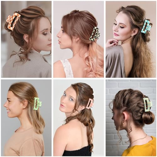 Checkered Multicolored Rectangle Y2K Hair Barrettes and Claw Clips - 6 Pcs Strong Hold Hair Accessories for Thin & Thick Hair
