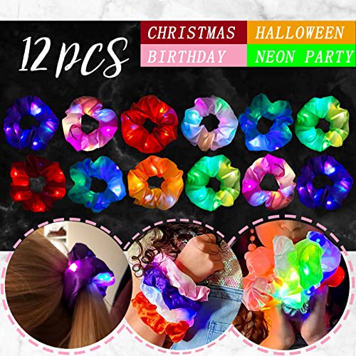 12 Pcs Light Up Scrunchies, LED Scrunchies Neon Satin Ponytail Hair Tie Glow in the Dark Hair Accessories for Women Birthday Christmas Rave