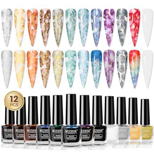 MIZHSE Marble Nail Polish Set, 12 Colors Marble Ink for Nails Glitter Effect Nail Ink Blooming Gel Watercolor Nail Polish for Nail Art Design Manicure at Home