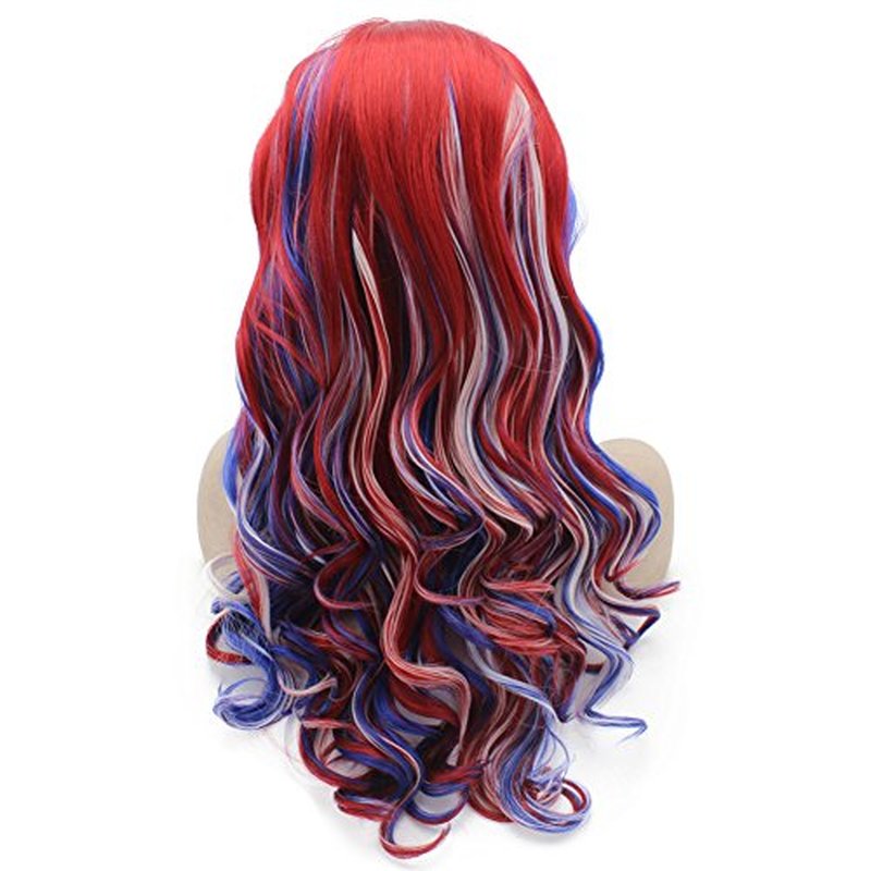 MX angel Long Wavy Swiss Lace Front Blue Red White Mix Colorful Cosplay Party Wig