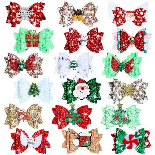 Riceshoot 18 Pcs Christmas Bow Clips Glitter Sequined Gold Silver Hair Pins Santa Snowflake Holiday Hair Accessories Xmas Tree Reindeer Bow Barrettes for Women Birthday Gifts