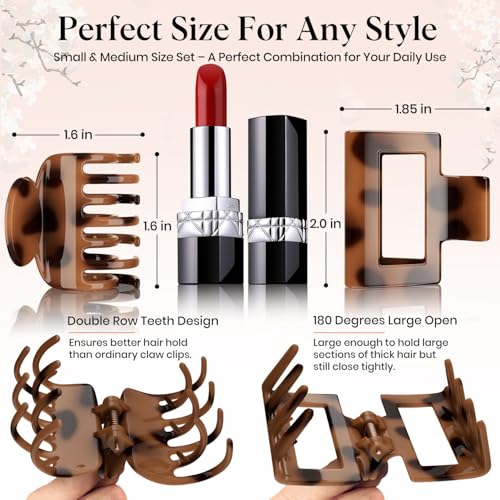 8 PCS Medium Hair Clips for Women Girls - 2 Styles Rectangle and Double Row Teeth Small Claw Clips for Thin Thick Hair, Strong Hold Jaw Clips Stylish Leopard Print Hair Accessories, Tortoise