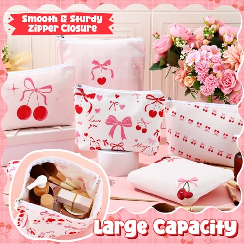 Kacctyen 6 Pcs Pink Cherry Bow Coquette Makeup Bag Cute Bow Canvas Cosmetic Bag for Women Girl with Zipper Aesthetic Travel Stuff Small Pouch for Birthday Party Favor