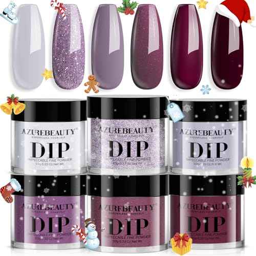 AZUREBEAUTY Dip Powder Nail Set, 6 Colors Christmas Purple Rose Red Glitter Natural Dipping Powder Starter Kit, French Nail Art Manicure DIY Salon, No Need Nail Lamp Cured
