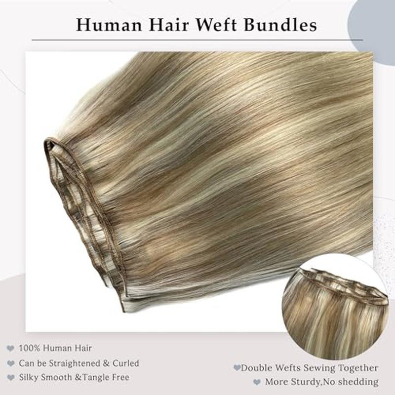 Balayage Ash Blonde to Blonde Highlights Sew in Hair Extensions Real Human Hair, 16 Inch 100G Weft Hair Extensions Human Hair, Hand Tied Weft Hair Extension Human Hair Weave Bundles Sew in Extensions