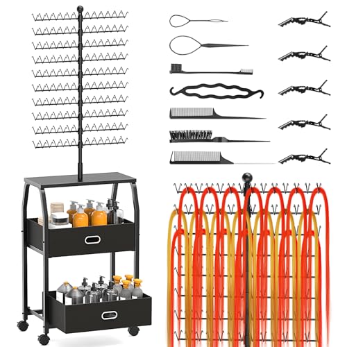 Portable Braiding Hair Rack with Wheels & Storage Drawers,280 Pegs Hair Extension Holder Hanger for Braiding Hair Separator Stand Display,Hair Rack with Stylist Hair braiding Tools(Black)