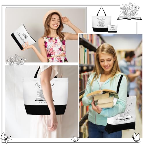 Buryeah 2 Pcs Book Lovers Gifts for Women Reusable Tote Bag Makeup Bag with Metal Zipper Book Club Gifts for Bookish Teacher Librarian Library Readers