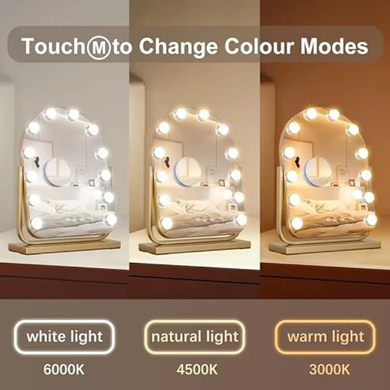 Vanity Mirror with Lights,17.3"¡¿13" Lighted Makeup Mirror with 12 Dimmable LED Bulbs,10X Magnification Smart Touch Control Hollywood Mirror with Lights,3 Colors Dimmable,360¡Æ Rotation (Gold)