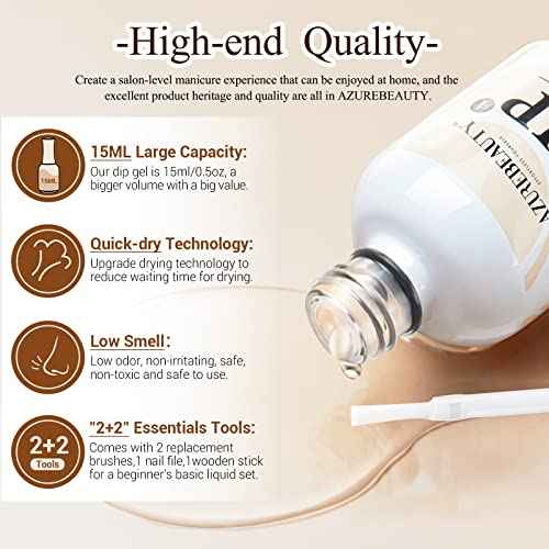AZUREBEAUTY 4+4pc Dip Powder Liquid Set, 15ml/0.5oz, with Base/Top Coat, Activator, Brush Saver, Nail File? Fast Drying Formula, No UV Light Needed