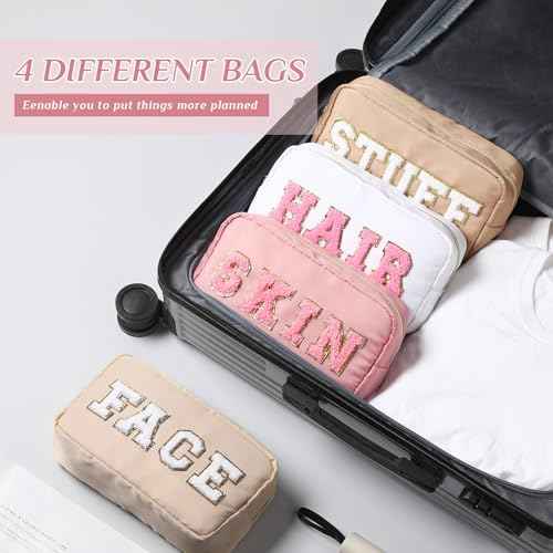Remerry 4 PCS Nylon Cosmetic Bags Waterproof Spacious Travel Makeup Organizer for Women Chenille Letter Preppy Zipper Pouch Face Stuff Skin Hair Organizer Gift(Light Brown, Beige, Light Pink, White)