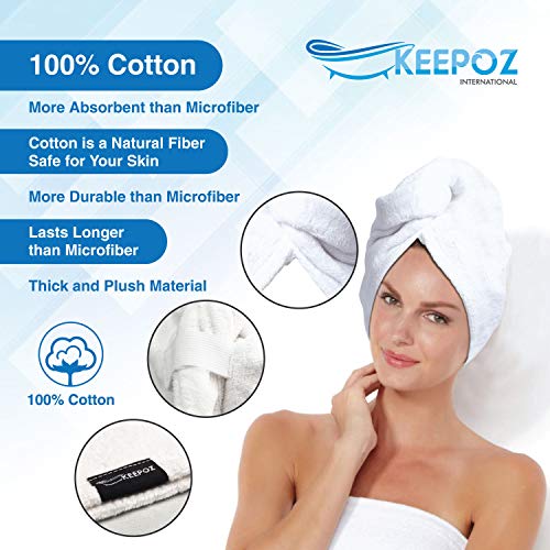 KEEPOZ 100% Cotton Hair Towel Wrap Quick Dry Super Absorbent Turban Head Wrap for Women with Button, Anti Frizz, Hair Cap for Curly, Long & Thick Hair (White, 1 Pc)