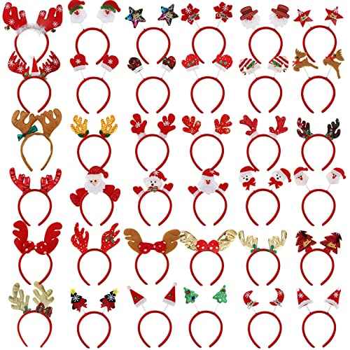 Zhehao 36 Pcs Christmas Headbands Bulk Santa Reindeer Antlers Snowman Santa Hat Headbands for Adults and Kids Cute Xmas Holiday Costume Headwear Accessories Christmas Party Favors