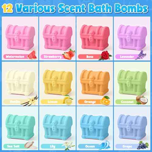 Bath Bombs for Kids with Diving Gem Toys Inside, 12 Pack Treasure Chest Bath Bombs with Surprise Pirate Accessories Pretend Playset, Handmade Bubble Bath Fizzies Birthday Christmas Gift Set