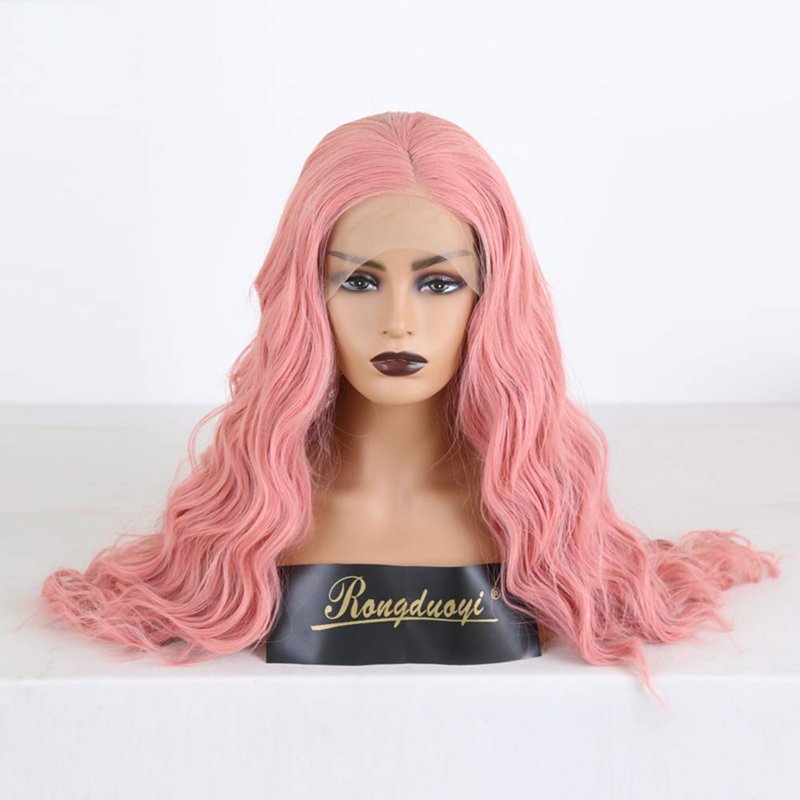 RDY Pink Wavy Synthetic Lace Front Wigs for Women Girls Long Loose Wave Wig with Middle Part Heat Fiber Hair Soft Swiss Lace Daily Wear Cosplay Beauty Looking Wig 150% Density (24inches, Pink)