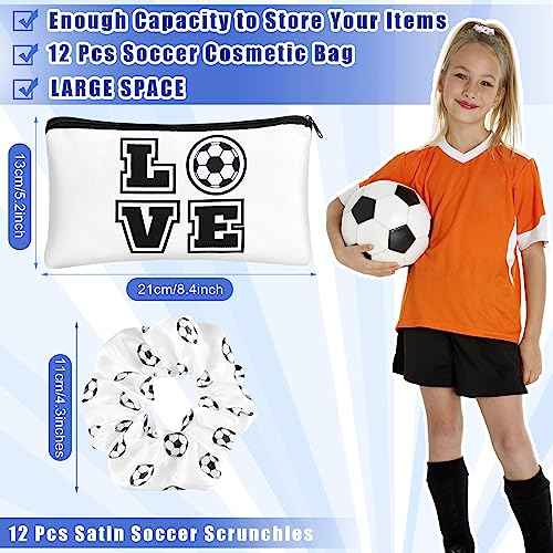 Sweetude 24 Pcs Soccer Gifts 12 Makeup Bag 12 Satin Scrunchies for Girls Portable Cosmetic Travel Bag Elastic Hair Ties Soccer Favors for Women Girls Team Players(White)