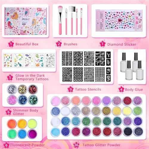 Temporary Glitter Tattoos Kit Kids, 48 Colors Powder with 209 Temporary Tattoo Stencils and 5 Luminous Tattoo Stickers, Body Nail Arts and Craft Glitter Make Up Kit, Gifts for Girl Boy Party