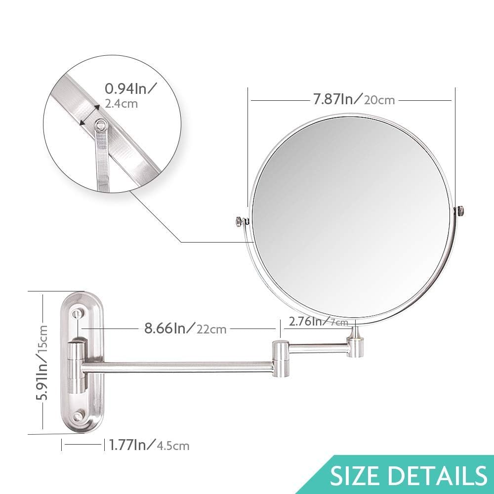 Gecious Wall Mounted Makeup Mirror Nickel, Double Sided with 10X Magnification,Wall Mount Vanity Mirror for Bathroom, 360 Swivel