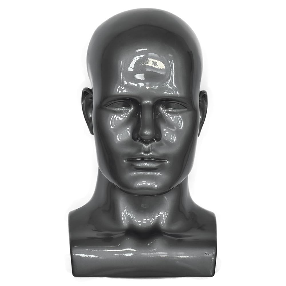 CAZSYSDD PVC Mannequin Head Black Male Manikin Dummy Stand Model Display Hat Scarf Wigs Hair Glasses Hat Beauty Styling Tool with Mount Hole (L90-Light Grey)