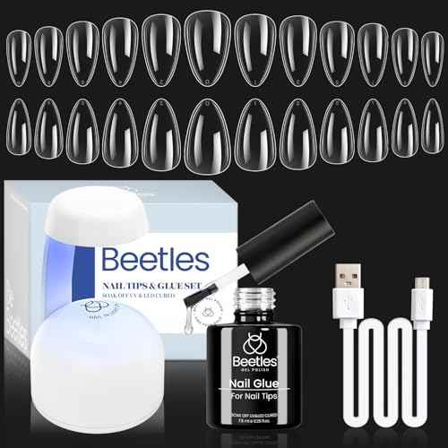 Beetles Gel Nail Kit Clear, Almond Short, 500pcs 12 Sizes, with 9 in 1 Glue Mini UV&LED Lamp, Fall Nails, Acrylic False Tips Kit Easy Nail Extension Set for Home DIY Salon Gift for Girls