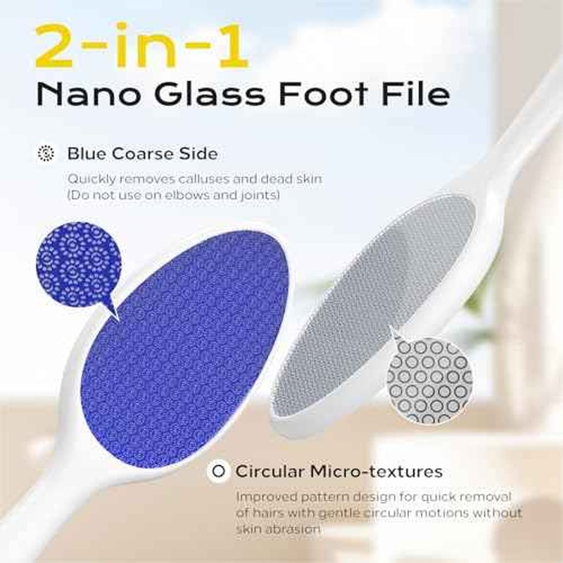 Foot File, Nano Glass Foot File Callus Remover with Handle, 2-in-1 Foot Scrubber Dead Skin Remover, Gentle Exfoliation Foot Buffer Pedicure Tools for Feet-Blue