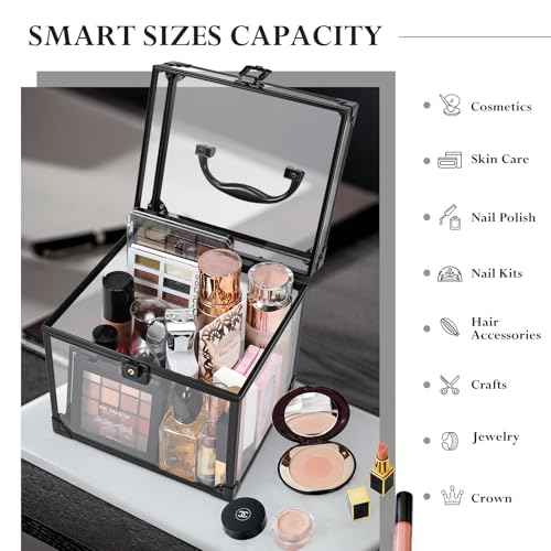 FRENESSA Portable Makeup Case Clear Crown Box Cosmetics Display Case Toiletry Organizer Box Transparent Acrylic Artists Train Case Travel Makeup Tools Storage for Vanity Bathroom Counter Dresser Case