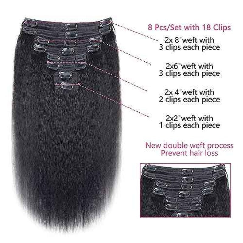28 Inch Kinky Straight Clip In Hair Extensions Real Human Hair Kinky Straight Clip Ins #1B Natural Color Clip on Hair Extensions 8pcs with 18Clips Per Set 120g
