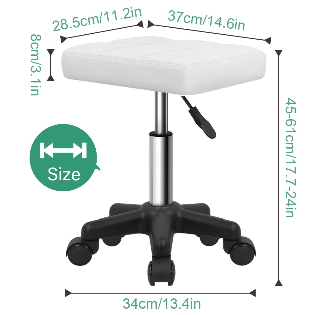 FURWOO Rectangle Rolling Stool with Wheels Height Adjustable Swivel Stool Chair for Spa Salon Massage White