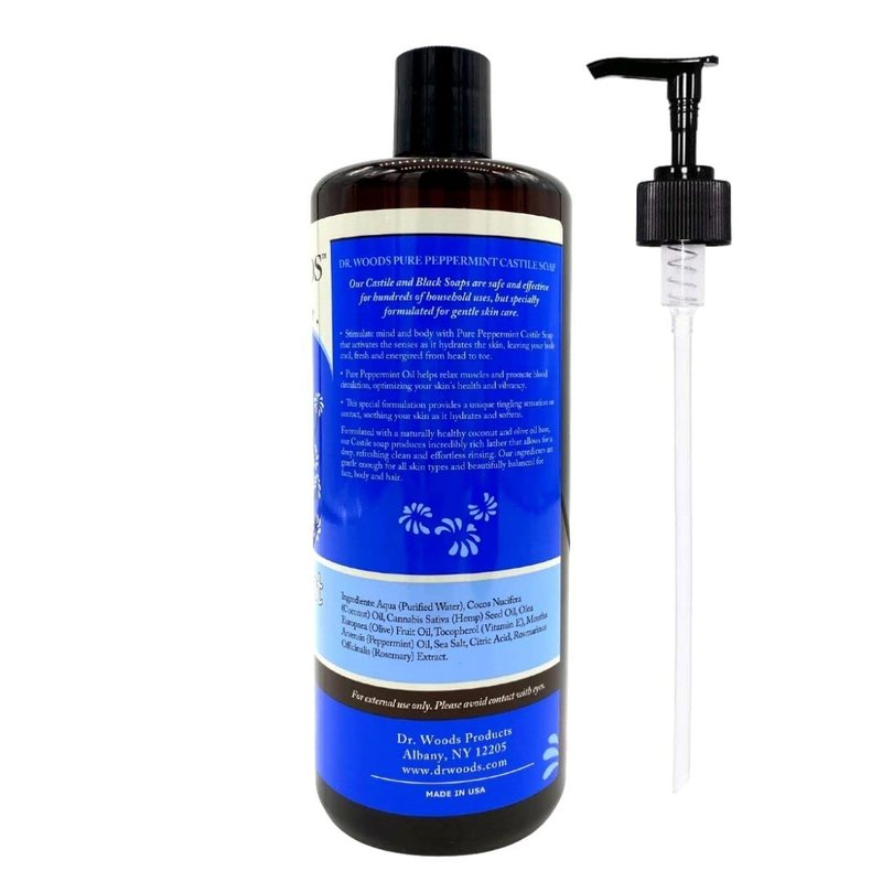 Dr. Woods Peppermint Liquid Castile Soap with Pump - Castile Soap with Pure Peppermint Oil, Body Wash for Men and Women, Contains Olive Oil, Natural Cleaner for Face, Hands, and Body - 32 Fl Oz
