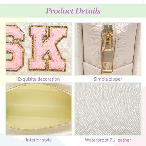 GEMLORD 3 Pieces Preppy Patch Makeup Bag, Small Chenille Letter Cosmetic Bag, PU Leather Waterproof Zipper Skin Care Toiletry Bags for Teen Girls, Portable Preppy Gift for Women(White, Blue, Pink)
