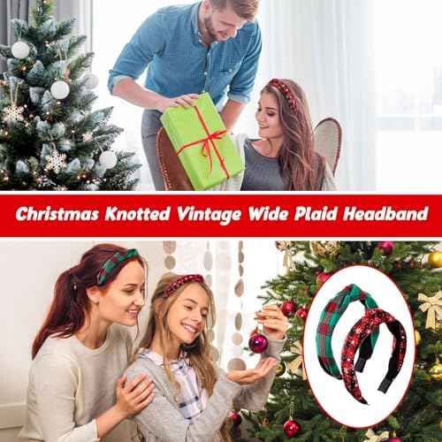 Yilloog 12 Pcs Christmas Knotted Retro Hair Band Snowflake Buffalo Plaid Headband Green Red for Women Wide Accessories Holiday Hoop Hairband for Yoga Run Work