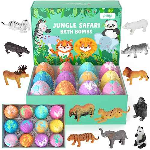 Bath Bombs for Kids with Surprise Inside, 12 Pack Kids Bath Bombs with Jungle Animal Toys for Boys Girls, Safe Handmade Fizzy Balls Dino Egg Bubble Safari Bath Bomb Gift Set for Easter Birthday