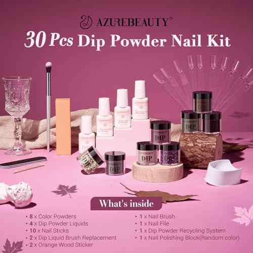 AZUREBEAUTY Dip Powder Nail Kit Starter Glitter Purple Nude Brown 8 Colors 30 Pcs with Nail Swatch Sticks, Dipping Powder Liquid Set Matte Top Coat for Fall Winter Nail Art Manicure Salon DIY Home