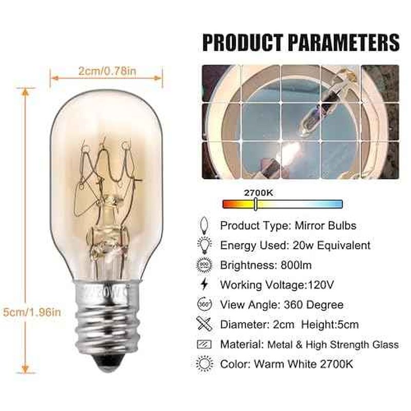 20W, 120V Incandescent Bulb Replacement, Suitable for Conair RP34B Illuminated Makeup Mirror, E12 Candle Holder Base, 2700K (20W 120V Bulb*2)