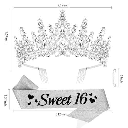 CURASA 16th Birthday Sash and Crown Silver Sweet 16 Sash 16th Birthday Tiara for Women Girls Sweet 16 Decorations Party Supplies