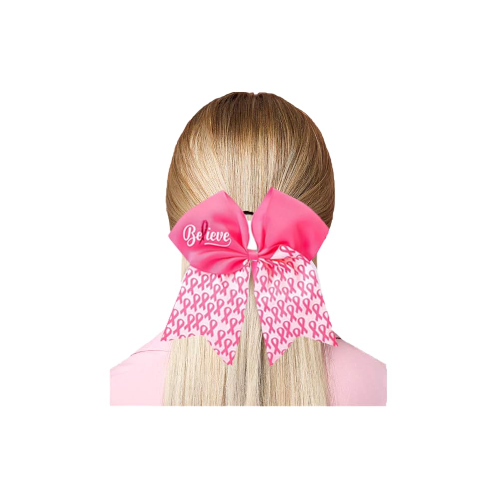20 Pieces 7 Inch Breast Cancer Awareness Cheer Bows Pink Ribbon Hair Band Elastic Scrunchies Cheerleading with Hair Band Hair Accessories for Teens Women (Believe）