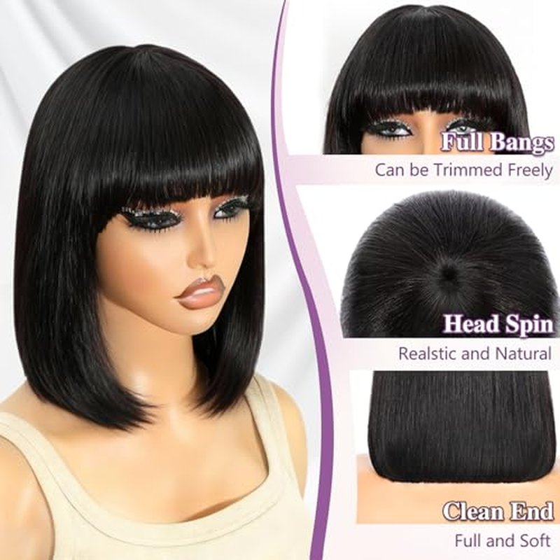 Bob Human Hair Wig with Bangs Silky Straight Glueless Wigs Human Hair 150% Density Black Bob Wig with Bangs None Lace Machine Made Wigs for Black Women 14Inch