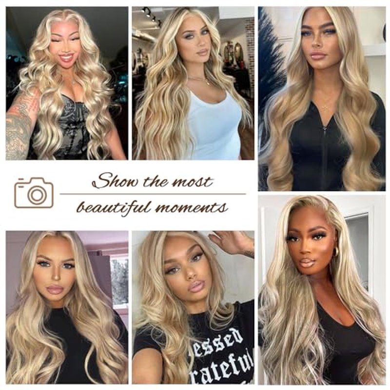 SAPPHIREWIGS Ash Blonde Lace Front Wig 13x4 Synthetic Lace Front Wigs Pre Plucked Highlight Milk Tea Blonde Glueless Long Wavy Wigs for Women Daily Party Use 26 inch