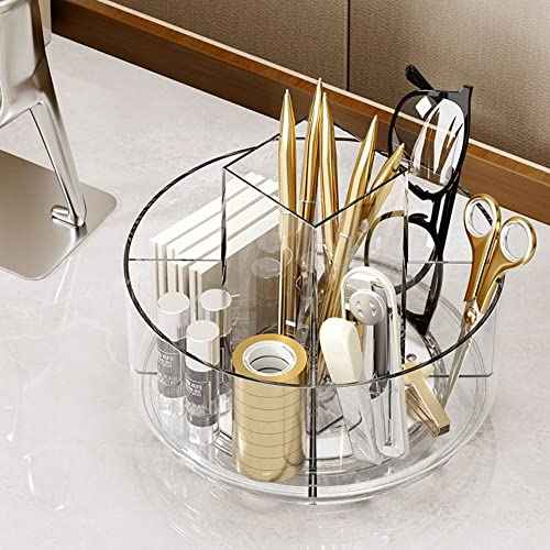 LINFIDITE 360 Rotating Makeup Organizer Clear Cosmetic Storage Holder Tray with 6 Compartment Makeup Brush Lip Gloss Organizer Case for Bathroom Cabinet Vanity Desktop