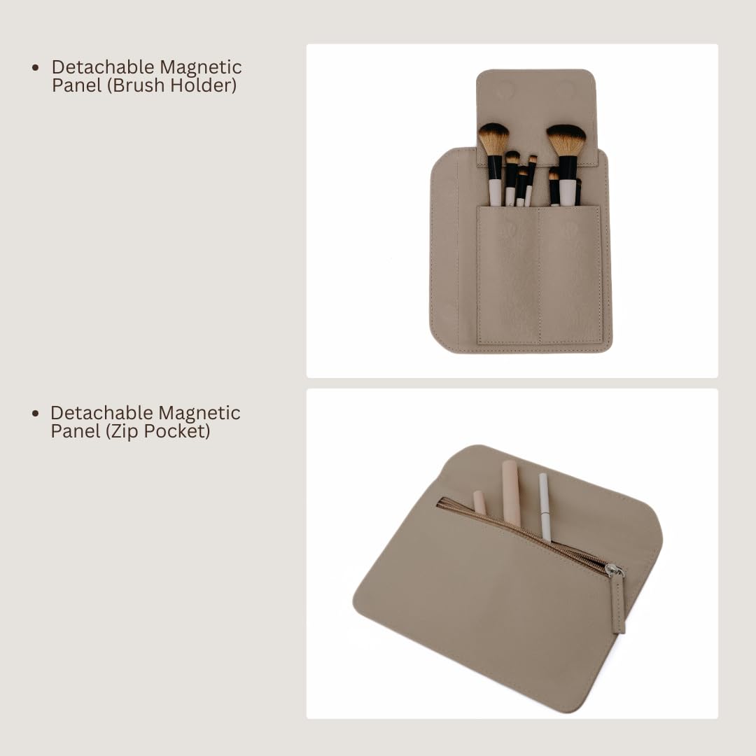 MELINE Leather Makeup Bag with Brush Holder,Travel Cosmetic Case for Women,Large Capacity Waterproof Toiletry Bag with Handle,Stylish and Durable Makeup Organizer (Taupe)