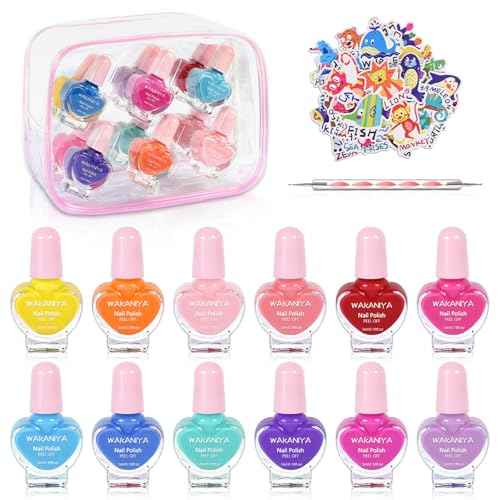 Kids Nail Polish 12 Colors Girls Nail Kit with Glitter Stickers and PVC Organizer Bag Non Toxic, Quick Dry Peel Off Safe Nail Polish